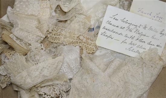 An early 18th century lace collar together with mixed needle and bobbin 19th century laces